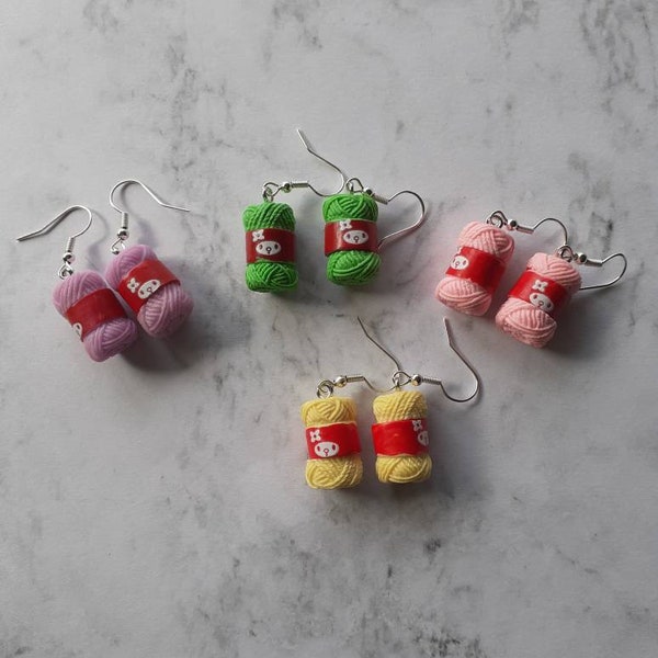 Cute balls of wool earrings. Unusual, quirky and fun. Available in different colours. Great gift for knitting fanatics