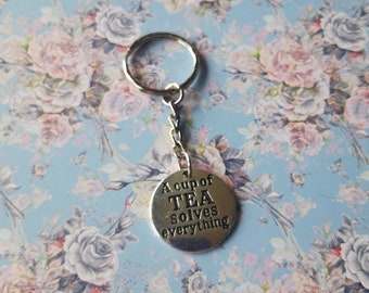 A cup of tea solves everything keyring. Tea keyring. Cute quirky kawaii funny keyring. Great mothers day gift