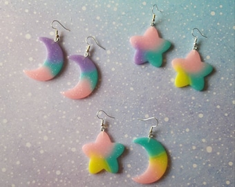 Pastel moon and stars earrings. Quirky cute funny kawaii kitsch handmade earrings