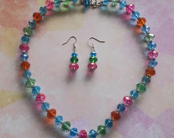Sparkling glass beaded necklace. Bright, sparkling summer colours with matching drop earrings