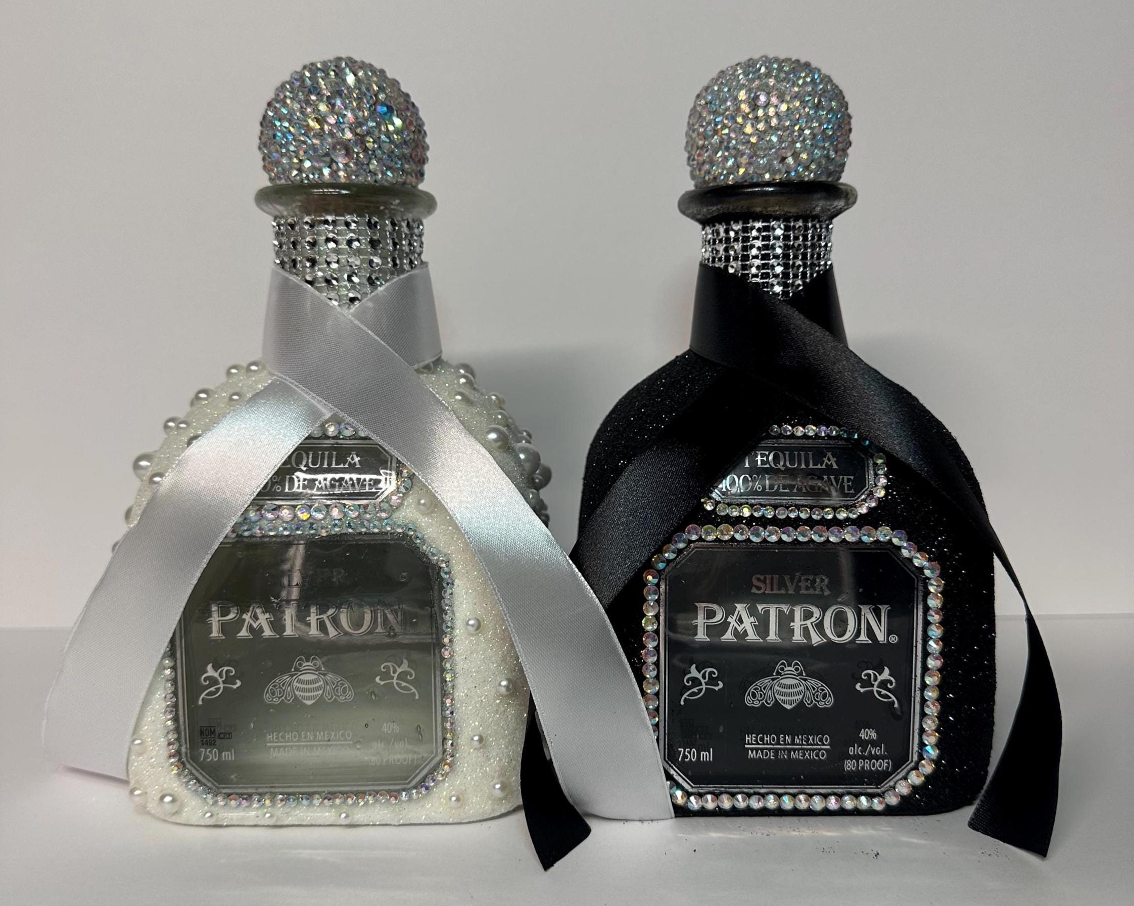 Bride & Groom Sparkly Rhinestoned Patron 750 ML bottles for any wedding celebration or engagement party (Empty bottle, no liquor included)