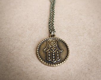 Hamsa Hand Necklace, Brass Fatima Miriam Pendant