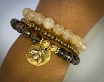Smokey Quartz Bracelet, Golden Bee, Honey Bee