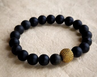 Onyx Beaded Bracelet, African Metal Focal Bead, Unisex Jewelry