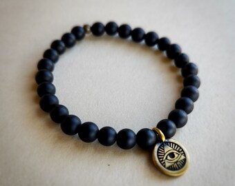Onyx Bead Bracelet, Eye of Providence Charm