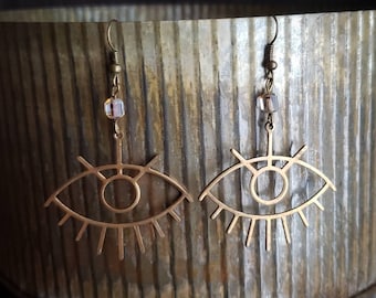 Eye of Protection Dangle Earrings, Brass, Czech Glass, Boho, Indie