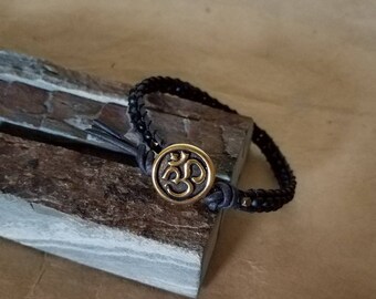 Black Leather Single Wrap Om Bracelet