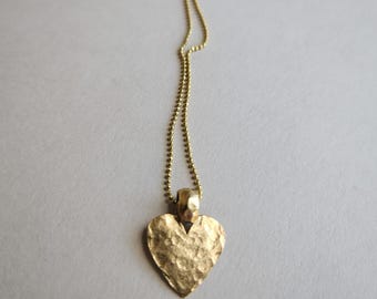 Gold Plate Heart Necklace, Hammered Pendant, Ball Chain
