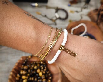 Moon Phases Bracelet, White Glass Beads, Gold Plated Charm