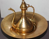 Antique 19th ce. BRASS EWER Pitcher BASIN Set Persian Qajar Islamic Holy Regions Floral engravings Tea Water
