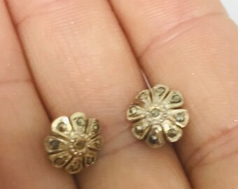 Gold flower stud earrings- Vermeil studs - Marcasite flower postback earring studs - Sterling flower earrings- sparkly stud earrings - uni
