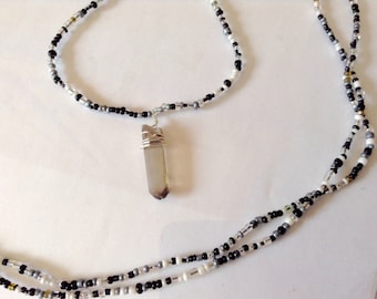 Rauchquarz Anhänger - Perlenkette mit Rauchquarz Kristall - Eingewickelte Sterling Kristall Halskette - 116 cm Perlen Halskette - Geschenk für Ihn