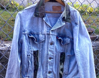 Denim Jacket -Levi Vintage Jean Jacket- Decorated Levi Jean Jacket - Levi Jacket  sz LG- Vintage Denim Jacket - Girlfriend Gift - Custom