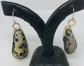 leverback  Earrings- Gift For Her - Dalmation bezel set earrings - 14k gold filled dangle earrings- natural stone earrings