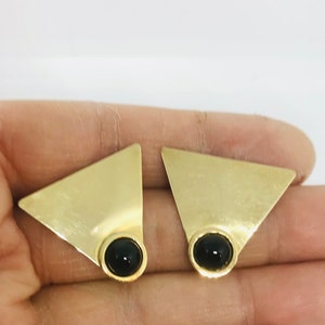 Pendientes de oro de 14 k - Pendientes de piedras preciosas de oro - Pendientes de oro con ónix negro y cierre de presión - Pendientes de chapa de oro - Pendientes en forma de triángulo de 14 k