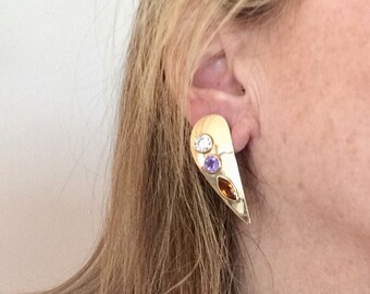 Gold Earrings With Semi precious stones-14k PostBack Earrings- Amethyst Citrine Earrings- Gold Artisan Earrings - Fine Handmade