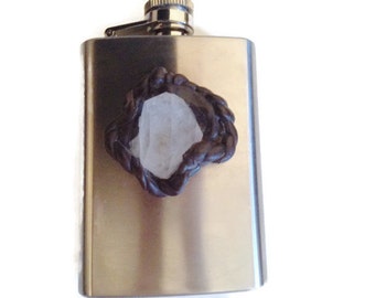Crystal Flask - Silver Flask With Quartz In Fimo - Decorated Handmade Flask - Pocket Flask - Gift For Him - Gift For Her - Raw Quartz  Flask