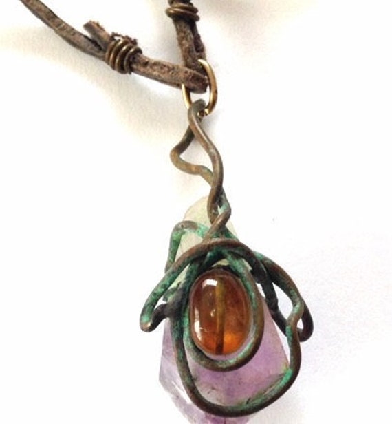 Amethyst Pendant- Wire wrapped Amethyst- Copper wrapped Amethyst- Citrine  And Amethyst- Amethyst Crystal  Wrapped- Patinated Amethyst Stone