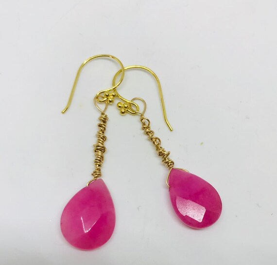 Pink Stone Leverback Earrings Wrapped Briolette Gold Earrings Pink Chalcedony Dangle Earrings Dangly Drop Gold Earrings Gift for Her Etsy Canada