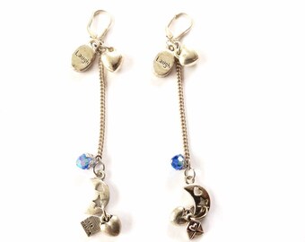 Charm Earrings - Sterling Charm Earrings - Silver Charm Earrings - Heart Charm Earrings - Moon Charm earrings - Star Charm Earrings - Blue