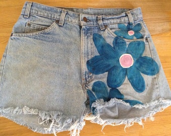 Levi  - Vintage Levi Cuttoffs - Painted Jean shorts - Flower Jean Shorts - Suede shorts sz 28- Distressed Jean shorts-Made to order -