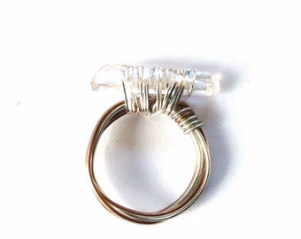 Quartz Ring - Sterling Wire Wrapped Ring- Clear Quartz Ring - Size Ten - Wire wrapped nobium Ring - Sterling Wire Gemstone Ring - Handmade
