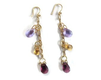 Briolette Dangle Earrings -Gold Crystal Long Earrings-Purple Crystal Earrings-Yellow Crystal Earrings -Briolette Handmade Earrings