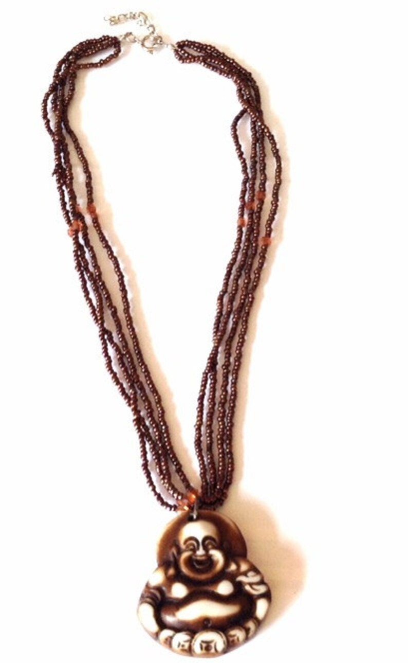 Buddha Necklace Buddha Pendant Brown Seedbeed Necklace Etsy
