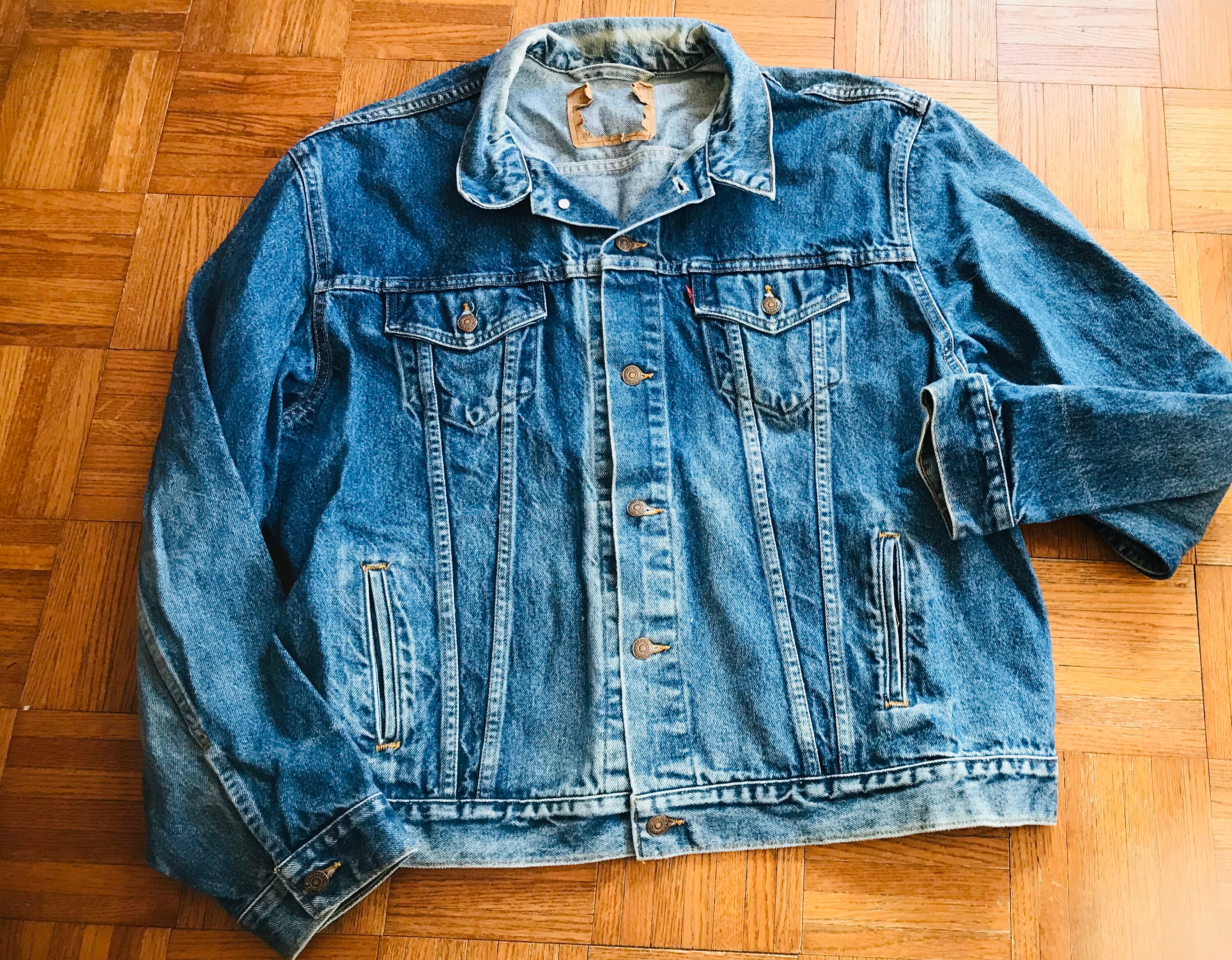 Levi Jean Jacket 2XL Vintage Levi Jacket Sequined Patched Decorated Jean Jacket Distressed Jean Jacket With Peace Signs Gift