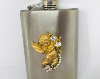Decorated Flask - Jeweled angel flask,gold angel shooting arrows,Cupid Decorated Flask -  pink Crystal flask - handmade decorated Flask