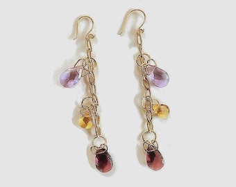 Briolette Dangle Earrings -Gold Crystal Long Earrings-Purple Crystal Earrings-Yellow Crystal Earrings -Briolette Handmade Earrings