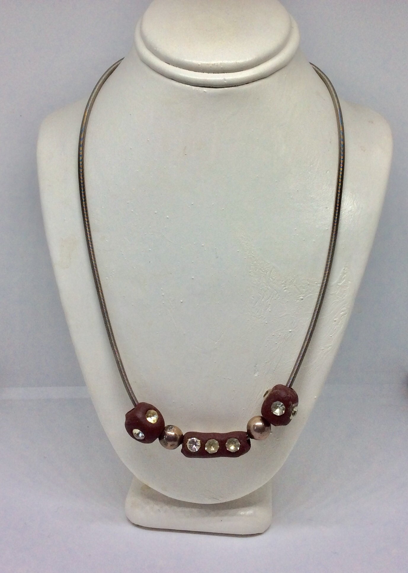 2 strand  Piano Wire Necklace - Stretchy Beaded Necklace - Gift For Her - Fimo Beaded Necklace - Bo Ho Necklace - Two Strand Handmade