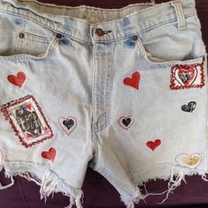 Levi Vintage Denim Shorts- Distressed Levi Decorated Cutoffs- Levis sz. 32&quot;- Patched Levis Shorts-Vintage Embellished Levi CutOffs- Gift