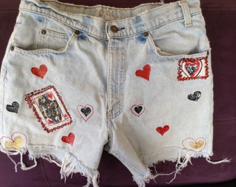 Levi Vintage Denim Shorts- Distressed Levi Decorated Cutoffs- Levis sz. 32"- Patched Levis Shorts-Vintage Embellished Levi CutOffs- Gift