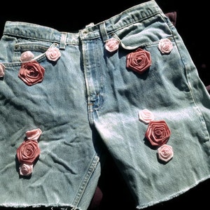 May include: Blue denim shorts with pink and red fabric roses sewn on the front.