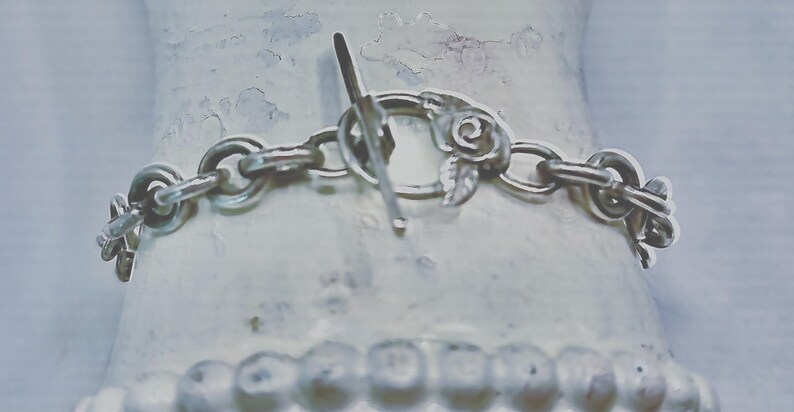 Black And Silver Bracelet- Rose Toggle Sterling Bracelet - Silver Chain Bracelet - Artsy Black Bracelet - Custom Gift- Handmade Artisan image 4