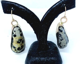 leverback  Earrings- Gift For Her - Dalmation bezel set earrings - 14k gold filled dangle earrings- natural stone earrings