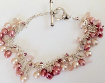 Pearl Bracelet -Pink pearl and crystal Bracelet - Sterling Beaded Bracelet - Sterling Pearl Bracelet - Cultured Pearl Bracelet