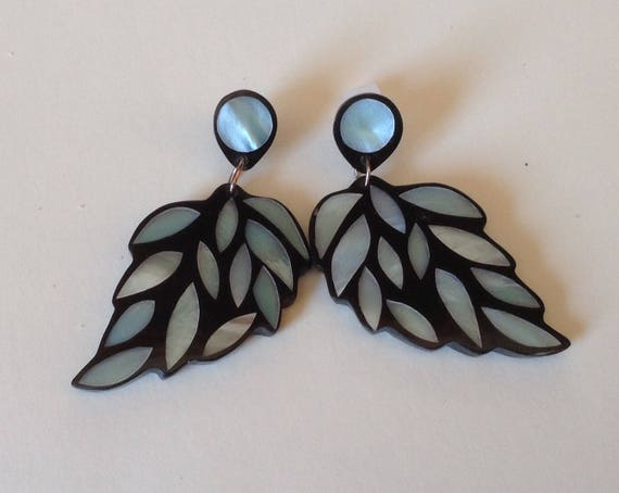 Black Vintage Postbacks Earrings- Inlaid blue and… - image 6