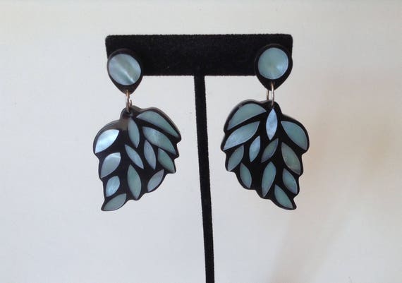 Black Vintage Postbacks Earrings- Inlaid blue and… - image 1