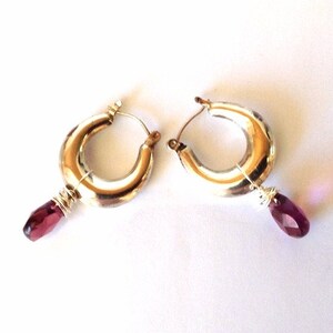 Sterling Hoops - Silver Hoops with Purple Crystal - Wrapped Sterling Briolette Earrings - Purple Crystal Earrings - Artisan Sterling Hoops