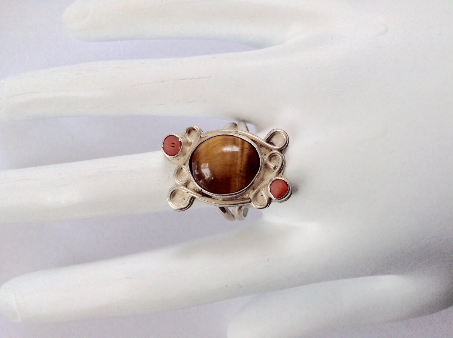 Tiger Eye Ring Sterling Gemstone Ring Coral Ring Artisan - Etsy