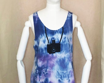 Black old camera printed beautiful navy blue and light purple tie dye tank vest top. Summer sale! One size fits from S-M-L! Free postage!