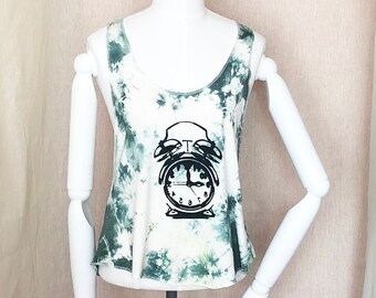 Black old alarm clock printed dark and lime green tie dye tank vest top. Summer sale! One size fits S-M-L! Free postage!
