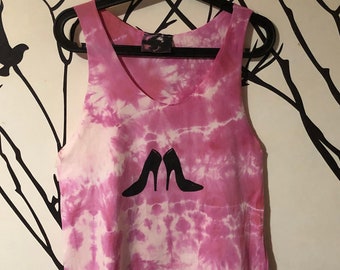 Black high heels printed pink and white tie dye  longline tank vest top. Christmas sale! One size fits from S-M-L! Free postage!