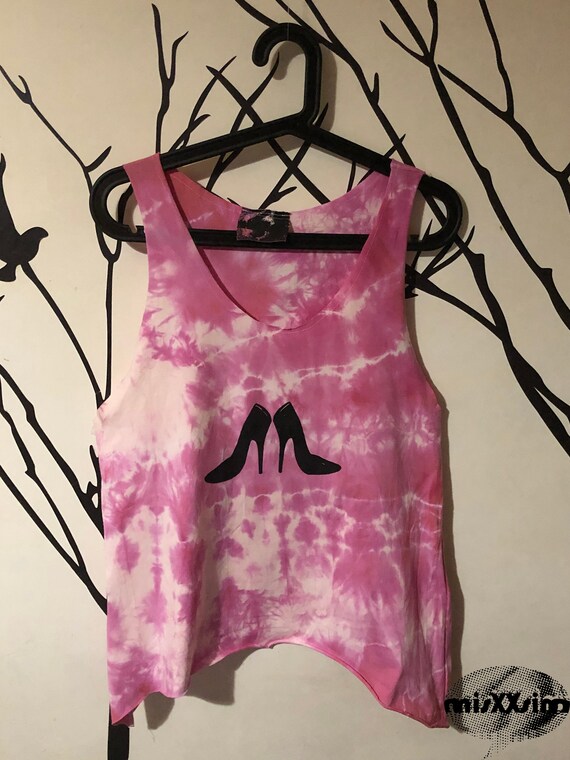 Black high heels printed pink and white tie dye  longline tank vest top. Christmas sale! One size fits from S-M-L! Free postage!