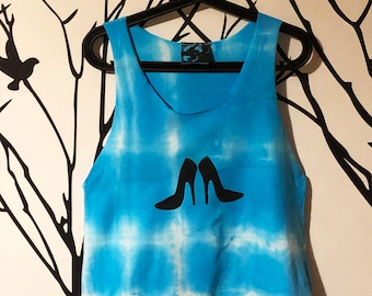 Heels printed turquoise blue aqua and white tie dye tank vest top. Summer sale! One size fits from S-M-L! Free postage!