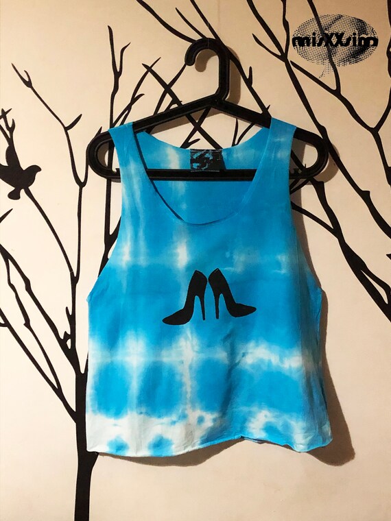Heels printed turquoise blue aqua and white tie dye tank vest top. Summer sale! One size fits from S-M-L! Free postage!