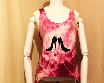 Black high heels printed pink and burgundy tie dye tank vest top. Summer sale! One size fits from S-M-L! Free postage!