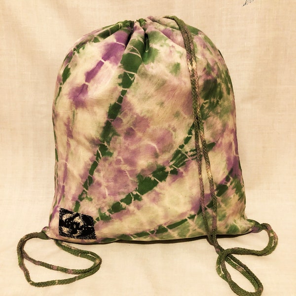 Tie dye string bag! Free postage! Beautiful Purple and green stripy  colored cotton handmade gym bag. Simple delicate and colorful